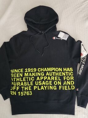 Champion Behind The Label Hoodie Super Fleece Graphic Text Pullover Black Sweats